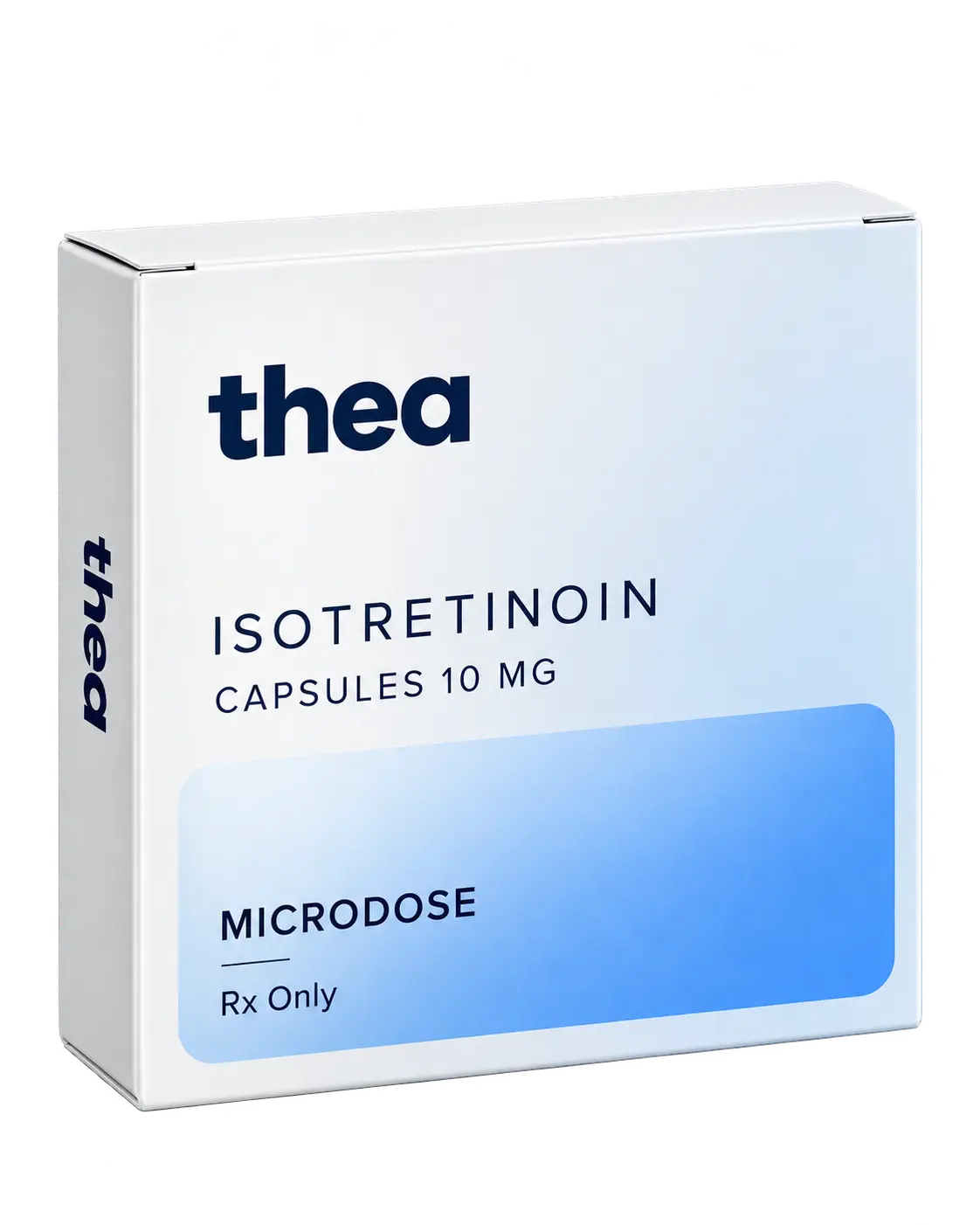 Thea Microdose isotretinoin capsules box, 10 mg, Rx only
